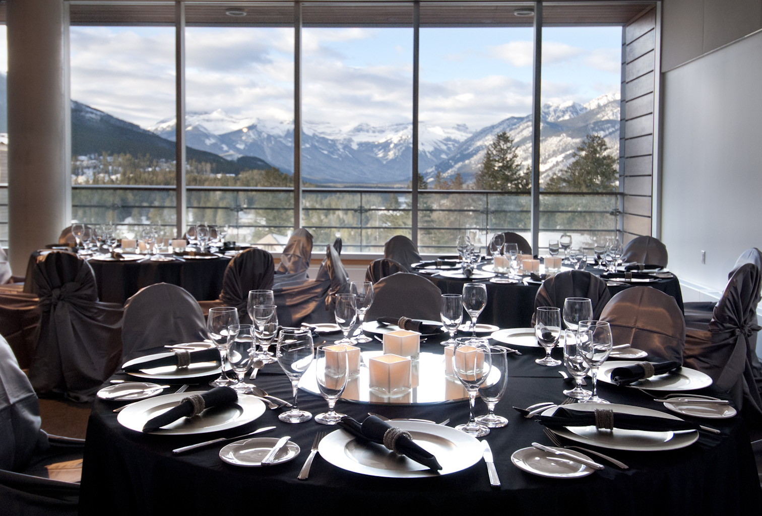 A banquet setup with a balcony view.