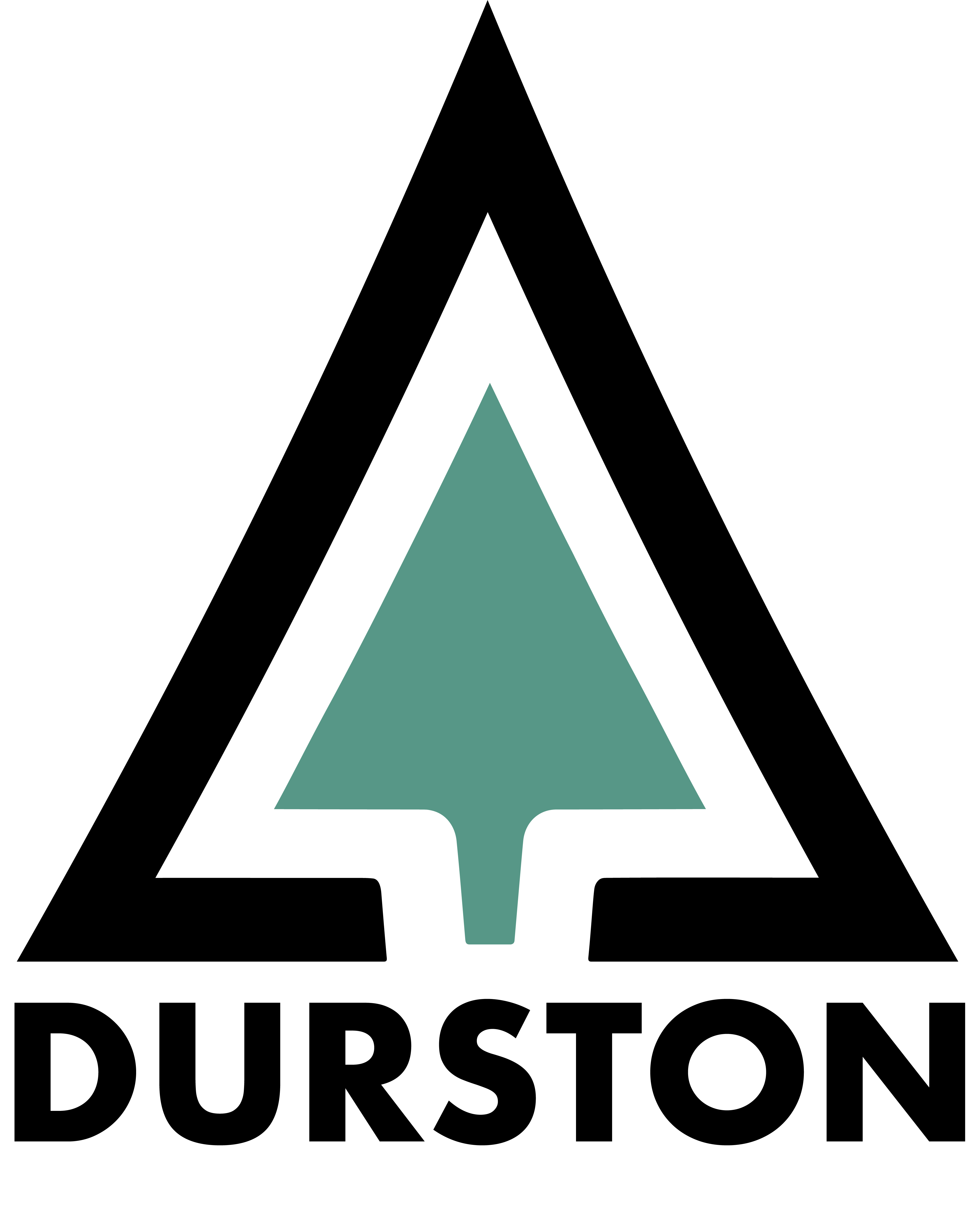 Durston EQ logo with a black peaked tent shape over a green arrow or conifer pointing upwards