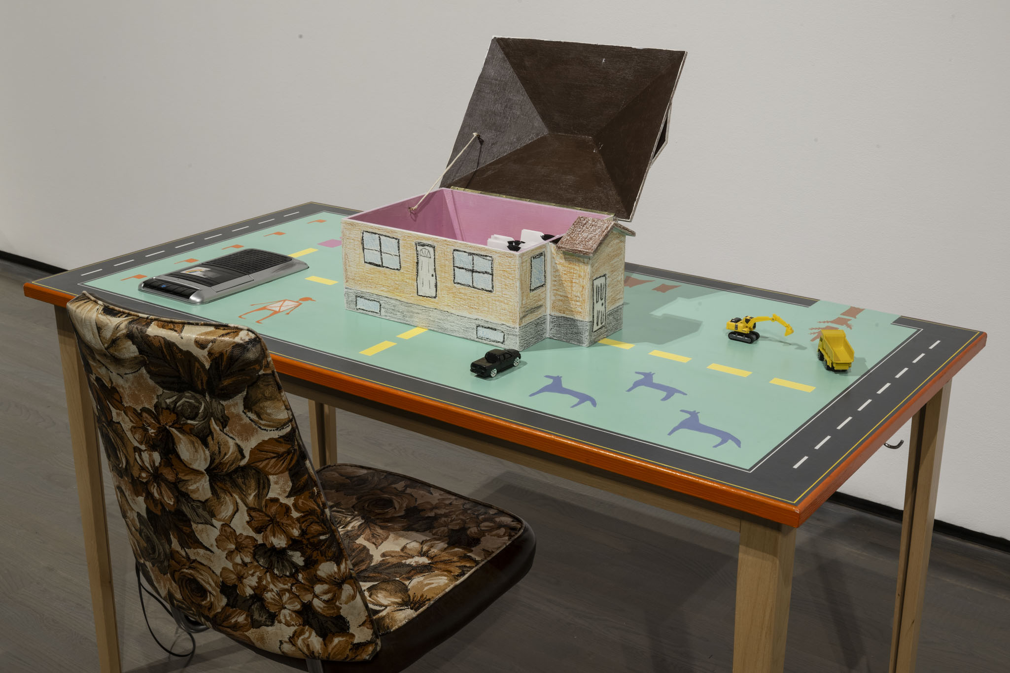 Installation view of Elliptical Lineages, Walter Phillips Gallery, Banff Centre for Arts and Creativity, 2025. seth cardinal dodginghorse, nasagha (home) , 2025, courtesy of the artist. Photo: Rita Taylor.