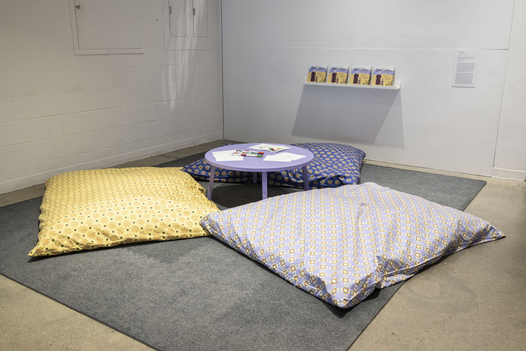 Installation view of Elliptical Lineages , Walter Phillips Gallery, Banff Centre for Arts and Creativity, 2025. Hali Heavy Shield, Naaahsa is an Artist!, 2023, revised as installation, 2025, courtesy of the artist. Photo: Rita Taylor.
