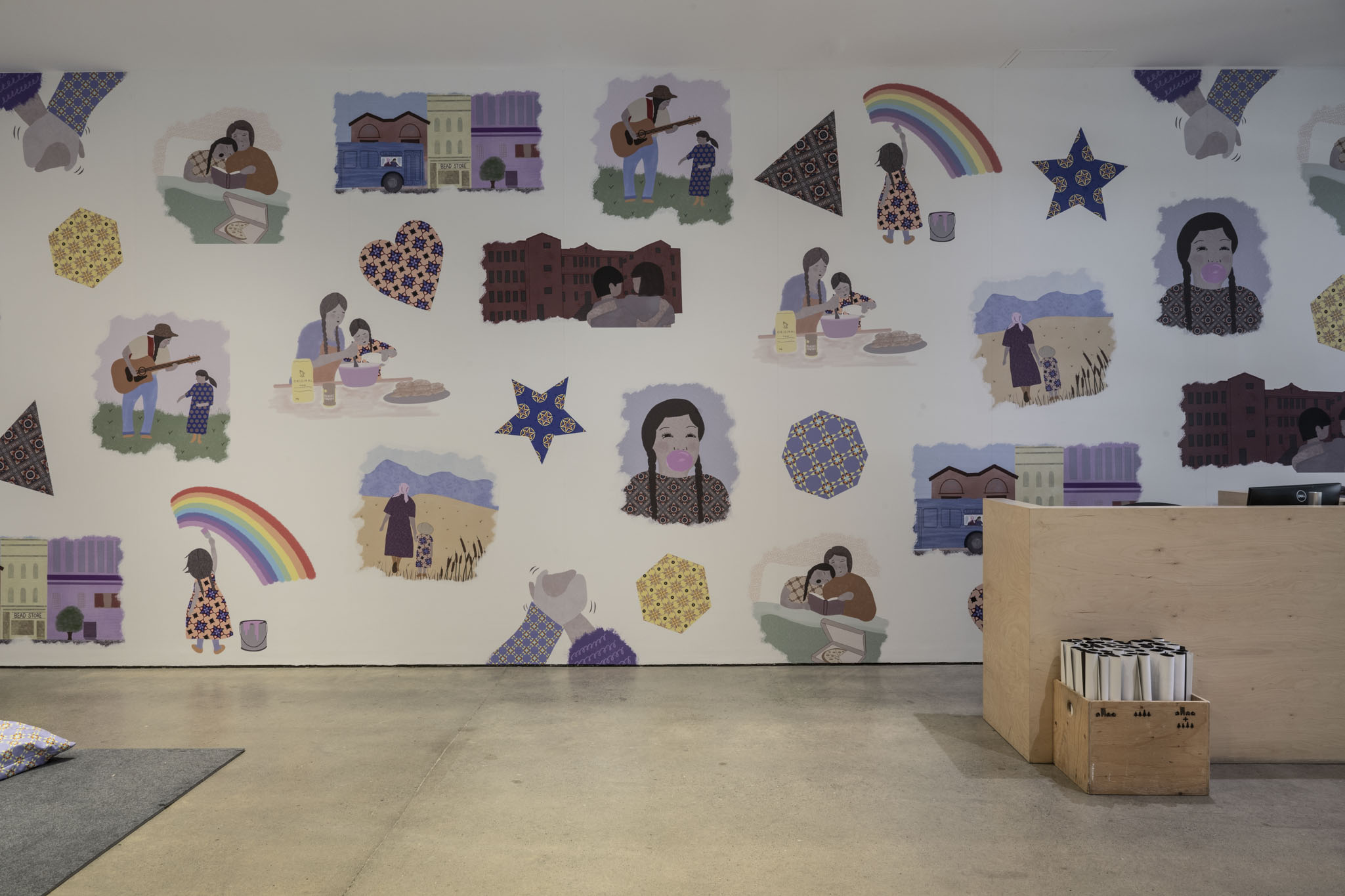 Installation view of Elliptical Lineages, Walter Phillips Gallery, Banff Centre for Arts and Creativity, 2025. Hali Heavy Shield, Naaahsa is an Artist!, 2023, revised as installation, 2025, courtesy of the artist. Photo: Rita Taylor.