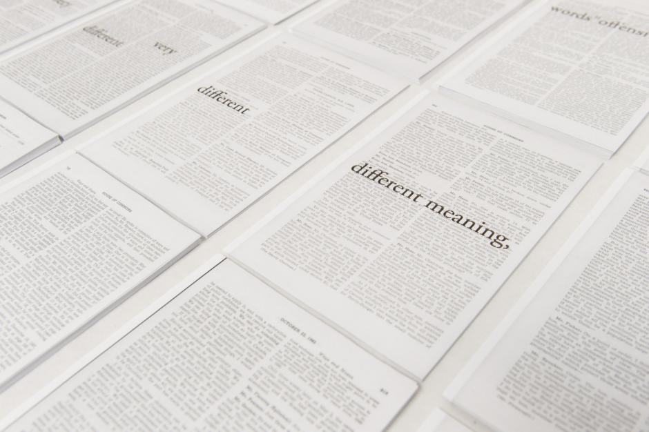Neatly organized pages full of text fill the screen, some display larger font words including "different meaning"