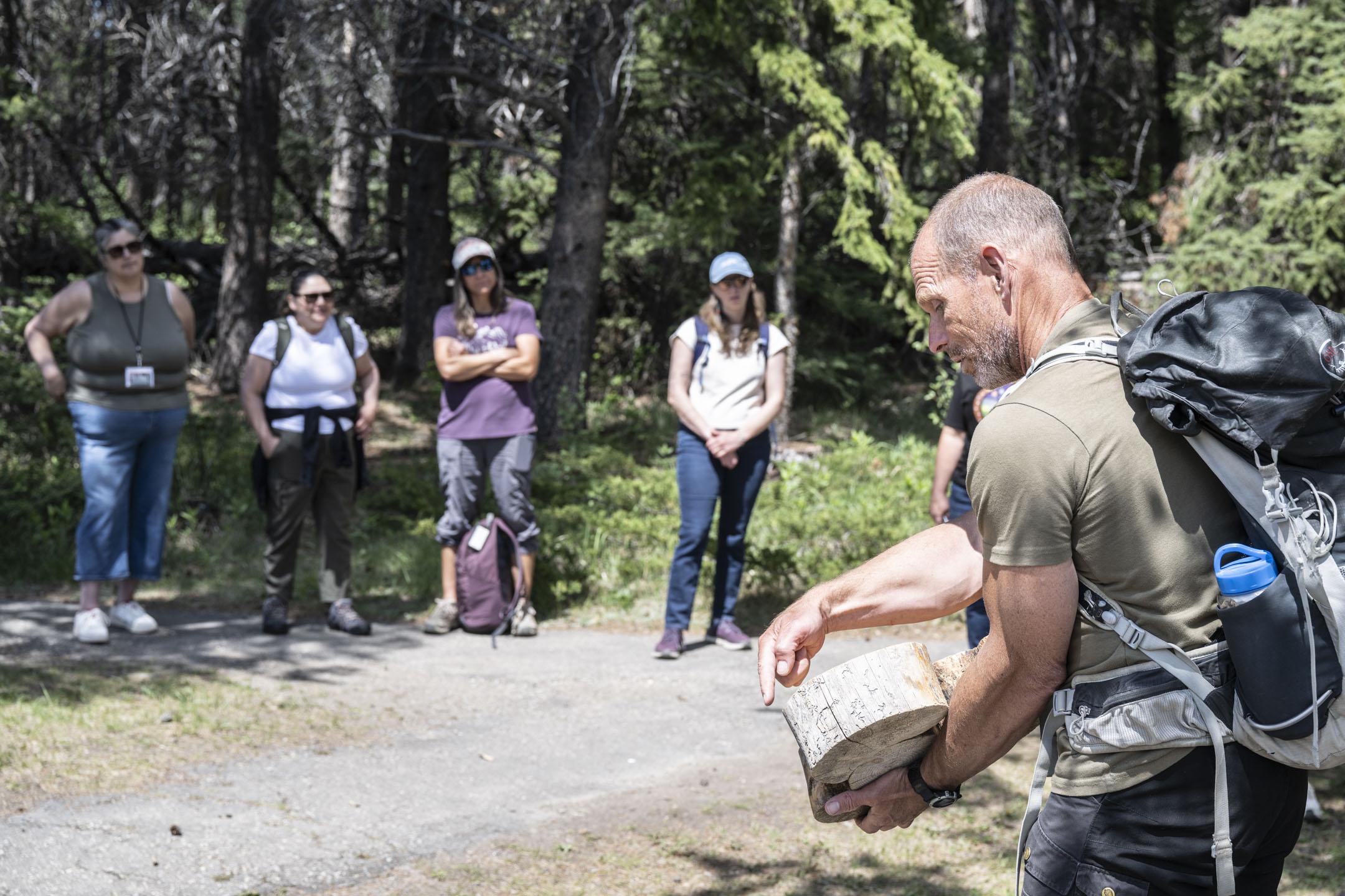 A guide holding a cross-section of a tree trunk points to markings on the wood as a small group listens on a forest trail.