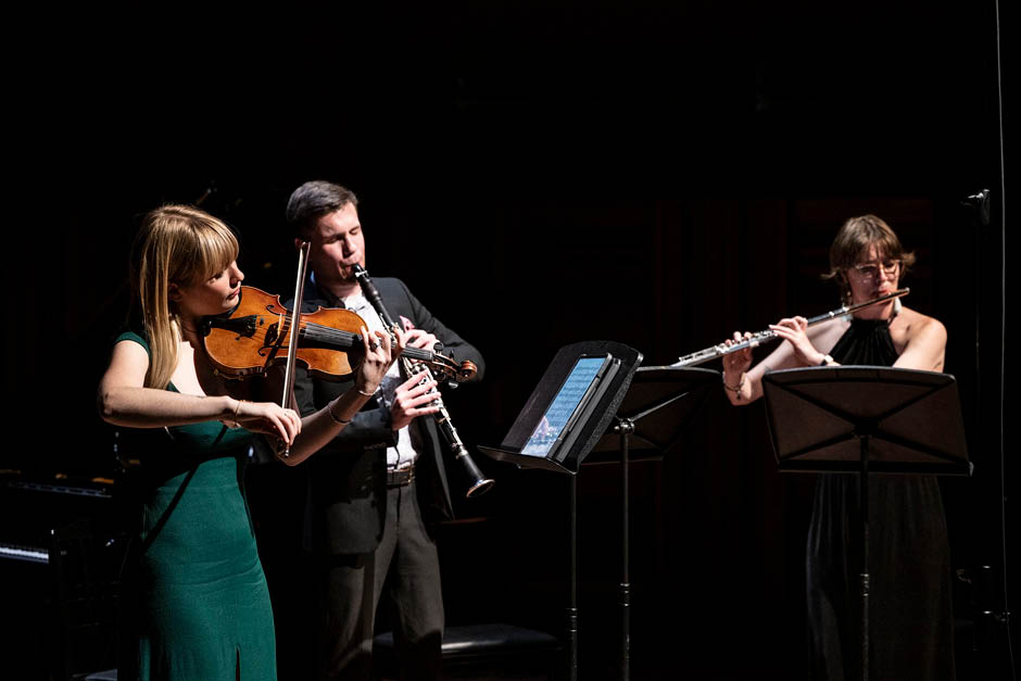 Interplay Trio: Alex Huyghebaert (flute), Ehrentraud Moser (violin), Simon Proulx (clarinet). Photo by Rita Taylor.