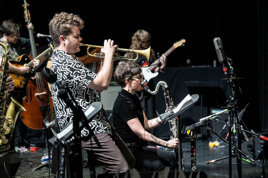 Michael Brady (guitar), Matt Smith (trumpet), Olivia Jones (bass clarinet), Stella Anning (guitar); Jazz and Sonic Arts 2024. Photo by Rita Taylor.