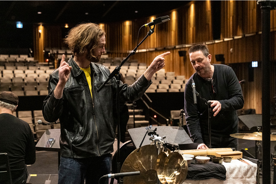 Audio engineers working on a stage