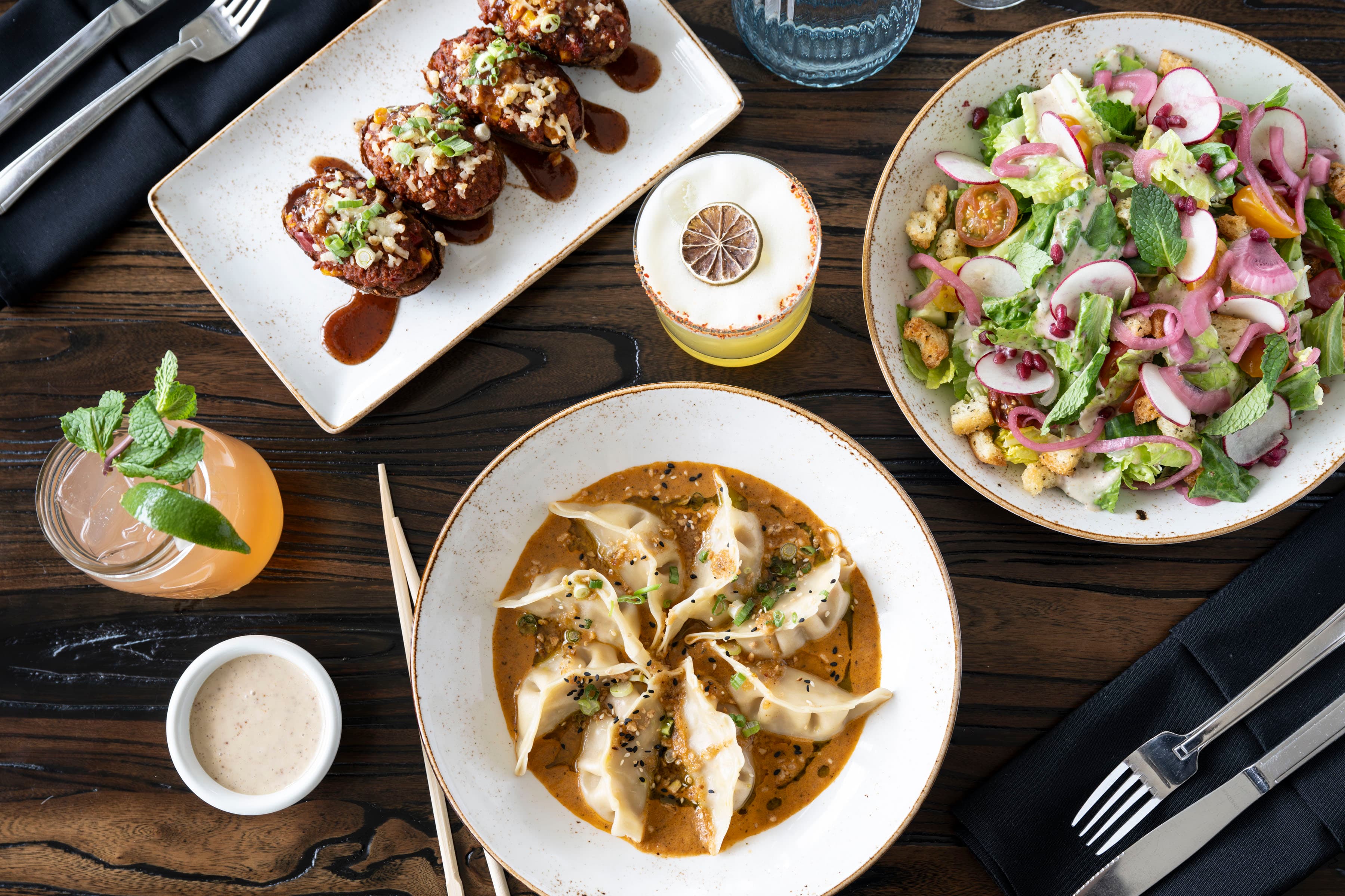 Food plates and drinks on a table