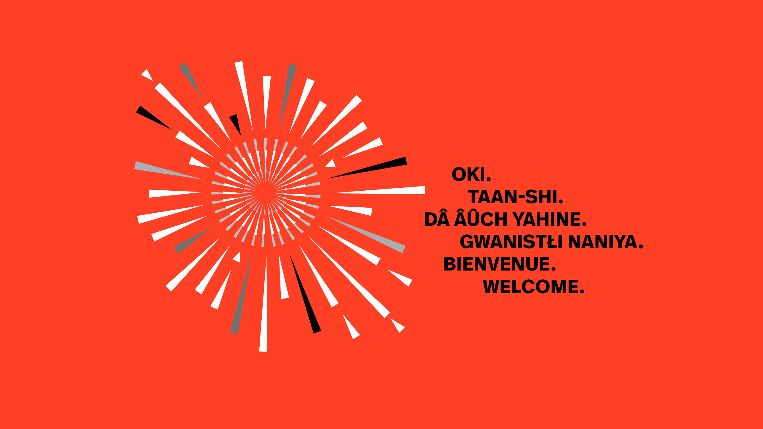 red background with explosive graphic and Welcome word in indigenous language