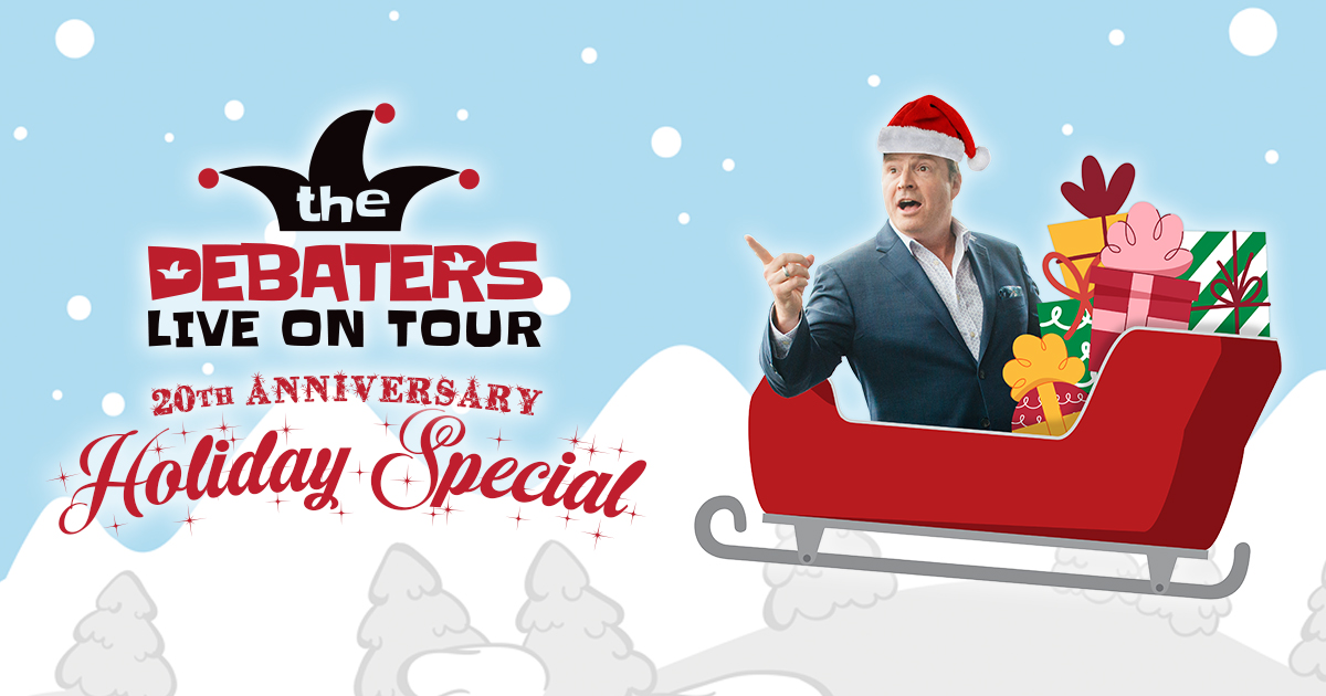 Steve Patterson sitting in a sleigh pointing to the title The Debaters Live on Tour 20th Anniversary Holiday Special