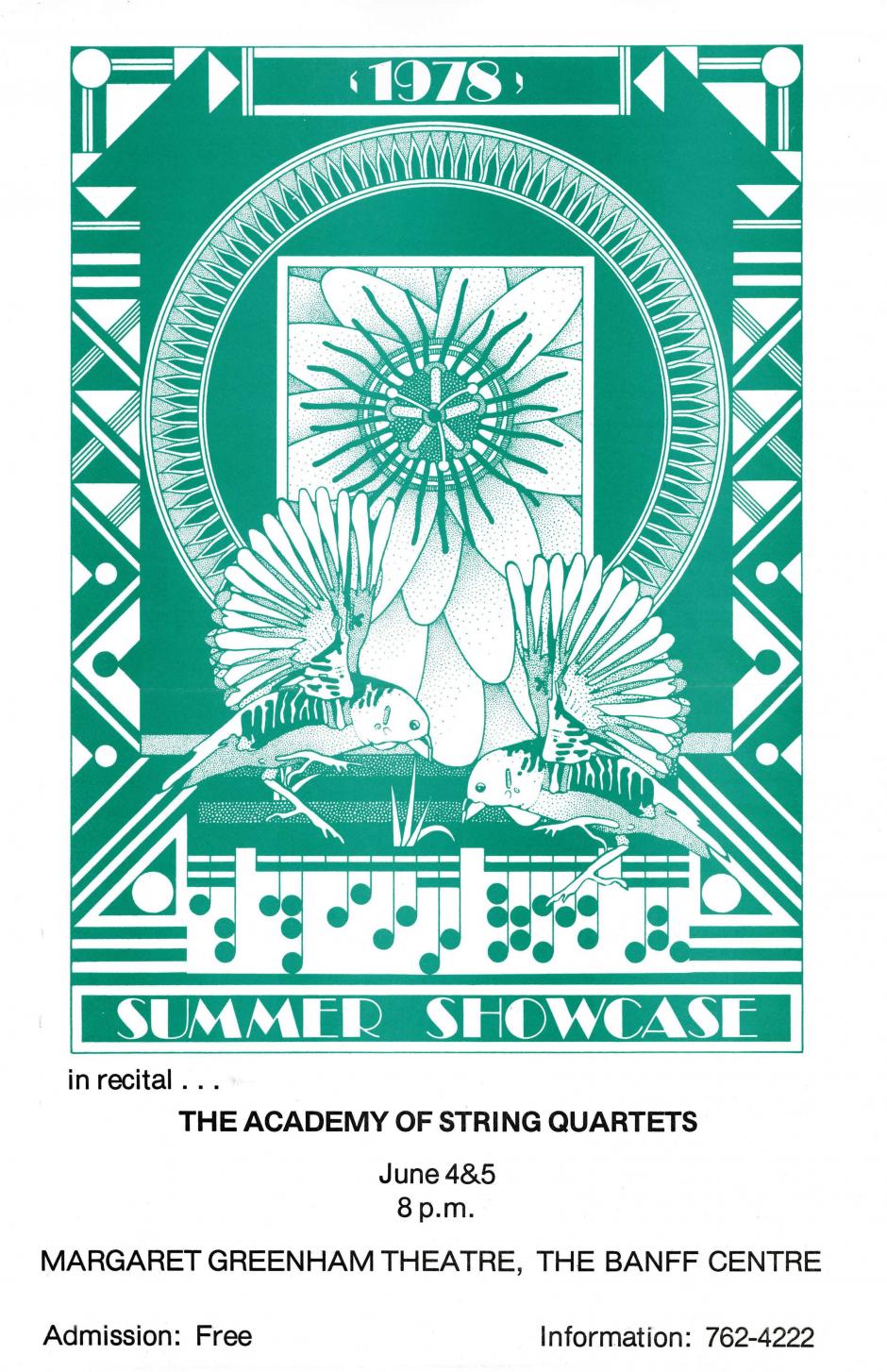 The Academy of String Quartets Summer Showcase A poster for The Academy of String Quartets Summer Showcase featuring geometric shapes and birds
