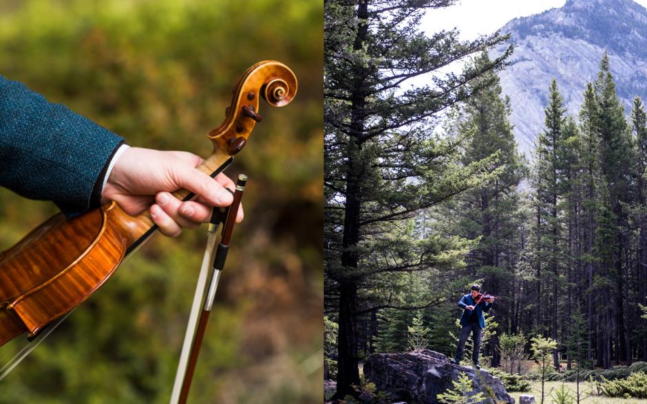 Musician Barry Shiffman with his violin in nature.