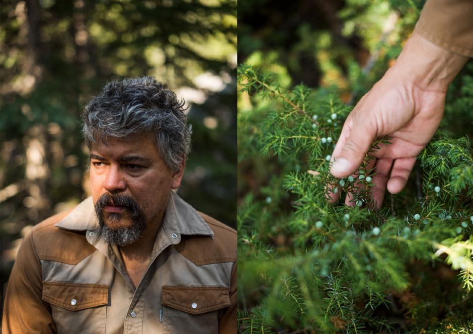 Brian Jungen in a lush forest, feeling the branches. 