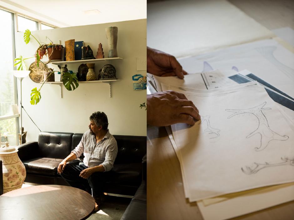 Visual Artist Brian Jungen laying out sketches in a art studio. 