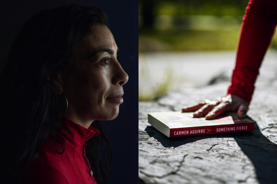 Side by side photos of Carmen Aguirre, side profile headshot and a book on a rock.