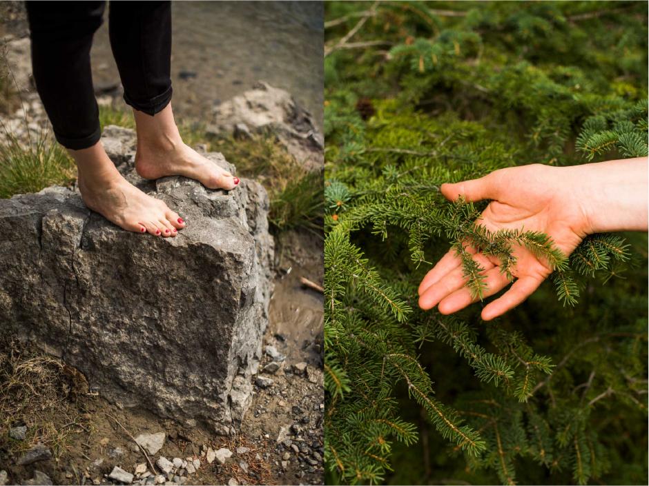 Various shots of Emily Molnar interacting with the forest floor. Walking barefoot and touching the spruce trees.