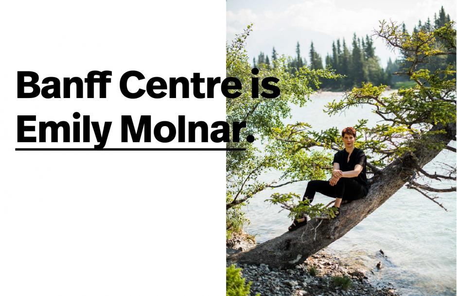 Dancer Emily Molnar sits on a tree overhanging a river with text overlaying the image.