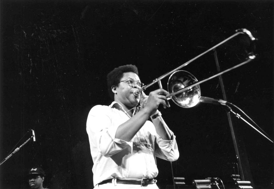 George Lewis pictured performing as part of a faculty concert for the Banff Jazz Workshop on July 25, 1986, in our Max Bell Auditorium.