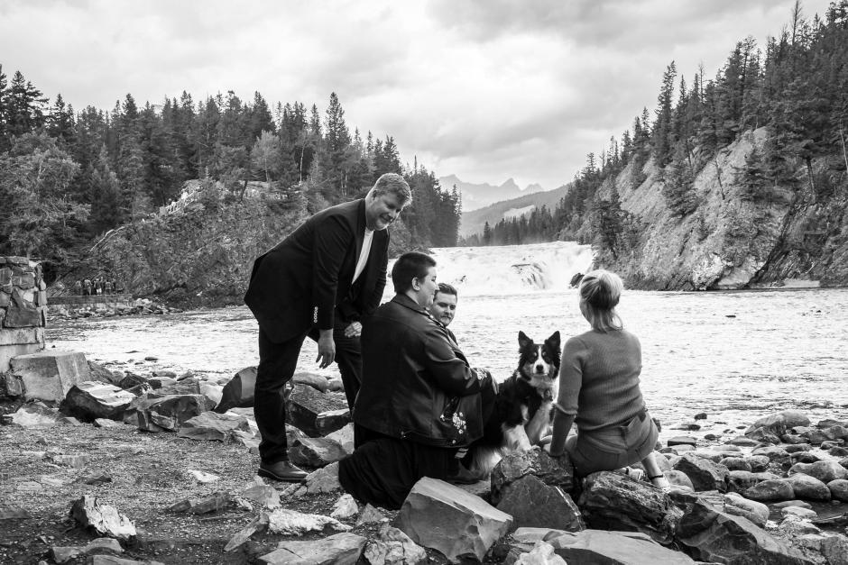 Banff Centre staff and Pax at the base of Bow Falls in 2023