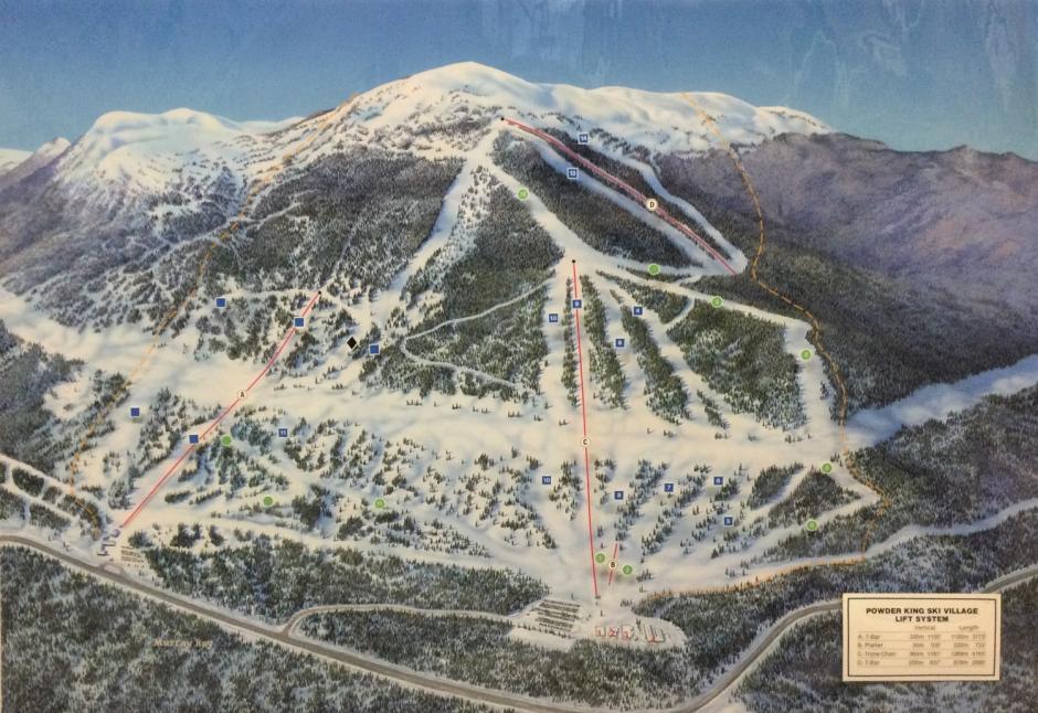 Murray Hay (1931-2015), Azu Powder King, BC (rare, unique), 1980, piste map, with overlay, acrylic on foam board with overlay; 36.5 x 51 inches (93 x 129.5 cm)
