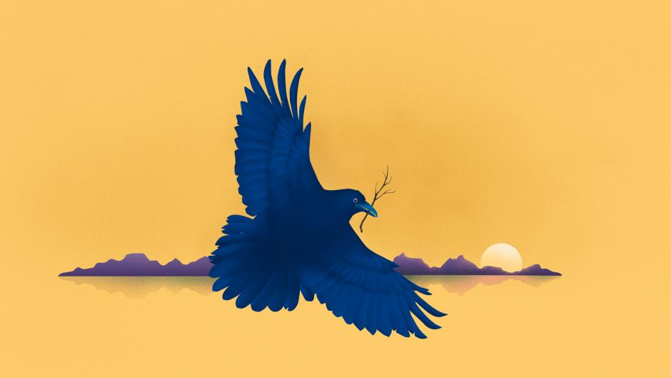 Graphic illustration of a raven flying through the sky carrying a berry. 