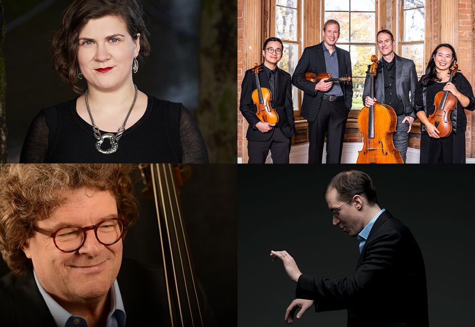 (clockwise from top left:) Ema Nikolovska, New Orford String Quartet, Gilles Vonsattel, Joel Quarrington