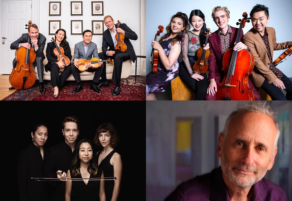 clockwise from top left: New Orford String Quartet, Viano Quartet, Alon Nashman, Leonkoro Quartett