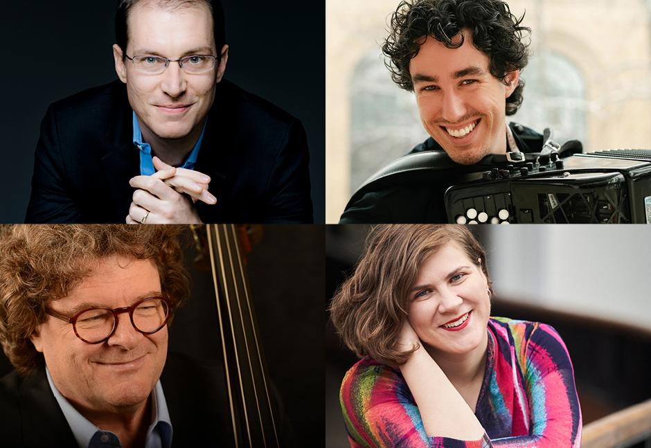 clockwise from top left: Gilles Vonsattel, Michael Bridge, Ema Nikolovska, Joel Quarrington