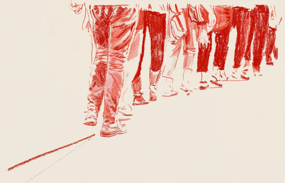 Red pastel is used to create a detailed illustration of the lower half of a people walking in line single-file.