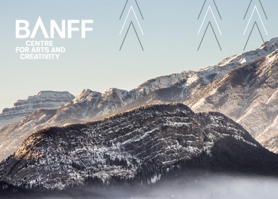 The sheer side of Sleeping Buffalo Mountain with a dusting of snow and Banff Centre graphics over the image.