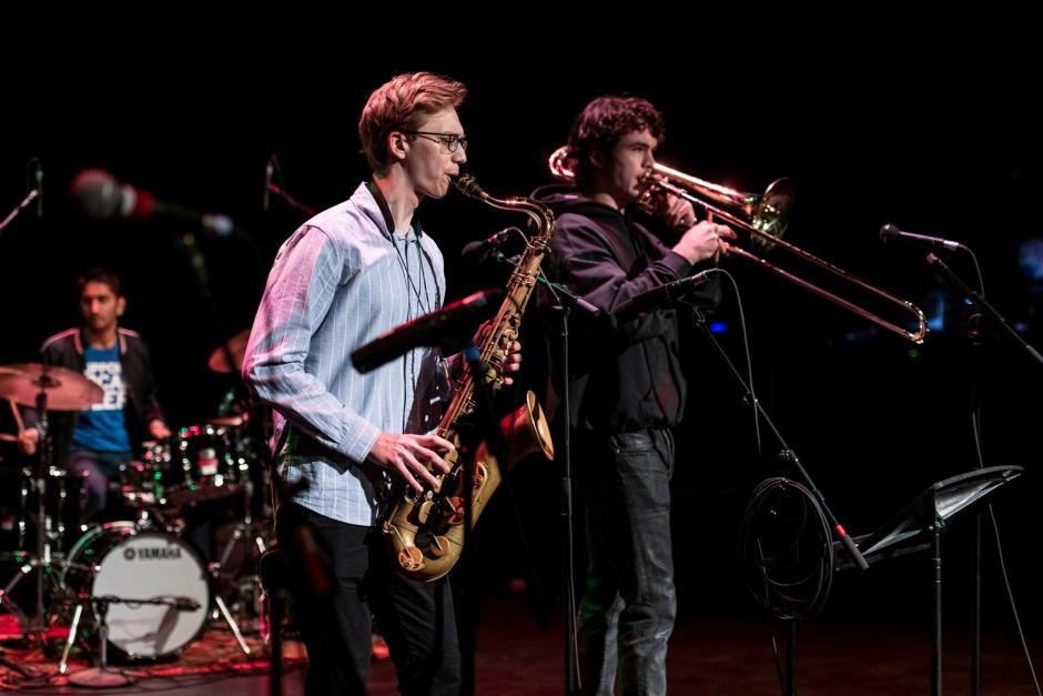 Harrison Argatoff (tenor sax), Andrew Gormley (trombone), Agneya Chikte (drums), Photo by Rita Taylor