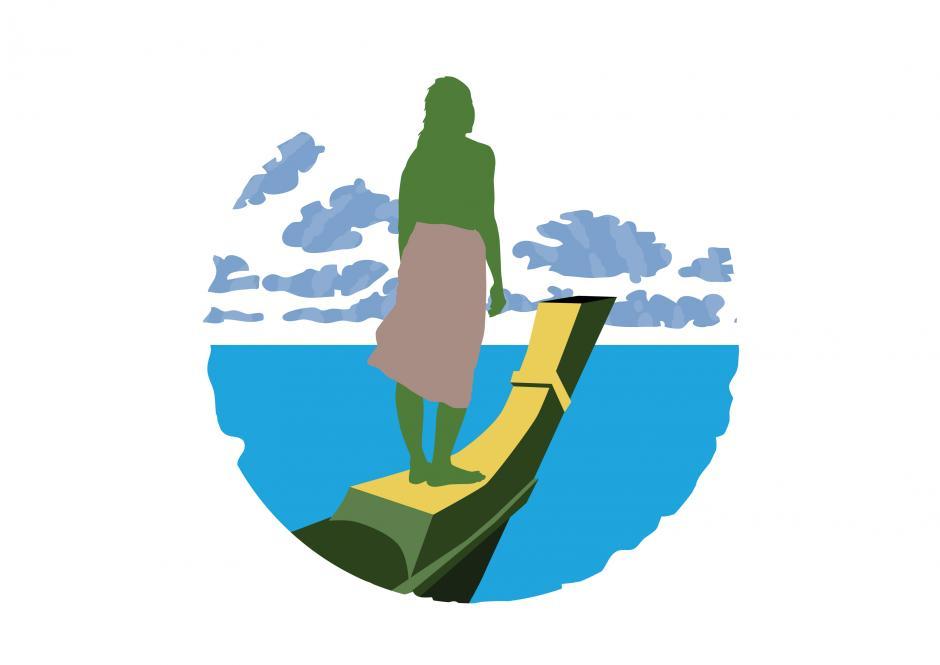 Graphic art of a pacific islander standing on the bow of a boat overlooking the sea.