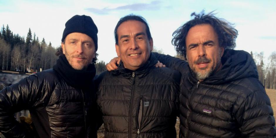 Cinematographer Emmanuel "Chivo" Lubezki, Cultural Consultant Craig Falcon and Director Alejandro González Iñárritu on the set of The Revenant