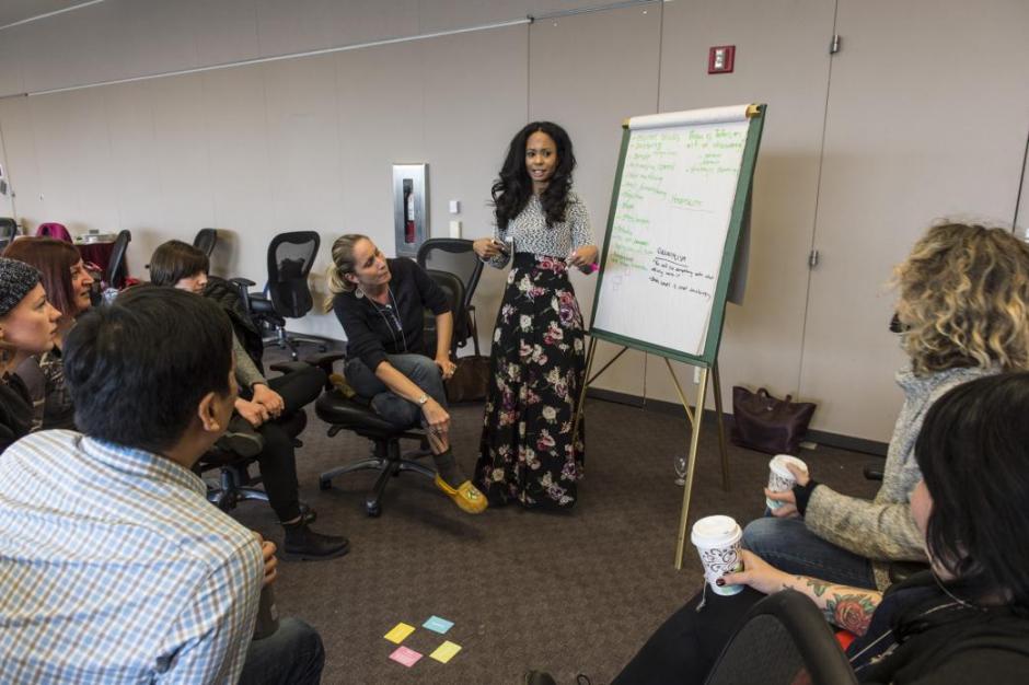 Kim Katrin Crosby leads a group discussion