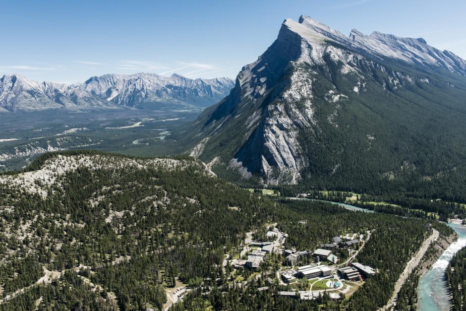 Banff Centre Campus Ariel Shot with Mountain Rundle in Background