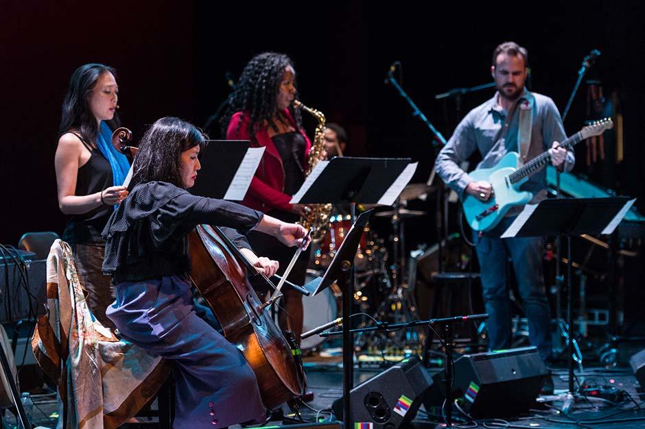 Jazz Club, Banff International Workshop in Jazz and Creative Music, 2017, Okkyung Lee, cello; Jen Shyu, vocals; Tia Fuller, saxophone; Matt Stevens, guitar. Photo by Rita Taylor.