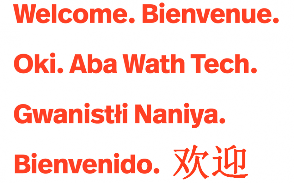 Welcome text in a variety of languages. 
