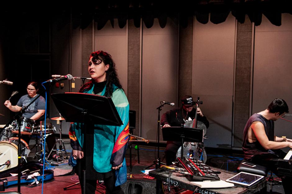 Melody McKiver, violist / percussionist / composer;  Michelle Lafferty, mezzo-soprano; Cris Derksen, composer / cellist; and Jeremy Dutcher, composer / pianist / nucintaq during Canadian Indigenous Classical Music Gathering, 2019. Photo by Jessica Wittman