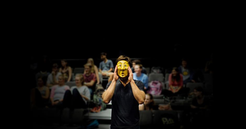 A student works with an Emotion Mask in a Wonderheads mask performance workshop in Pittsburgh, PA. Photo by Ben Filio.