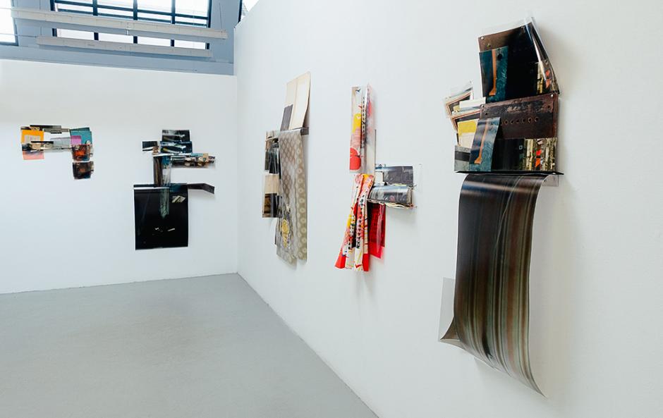 Sasha Opeiko's studio at the Banff Centre.  "Obraz, Obrez, Ostatok," 2020, Soviet-era objects and materials, inkjet prints on paper and clear film.