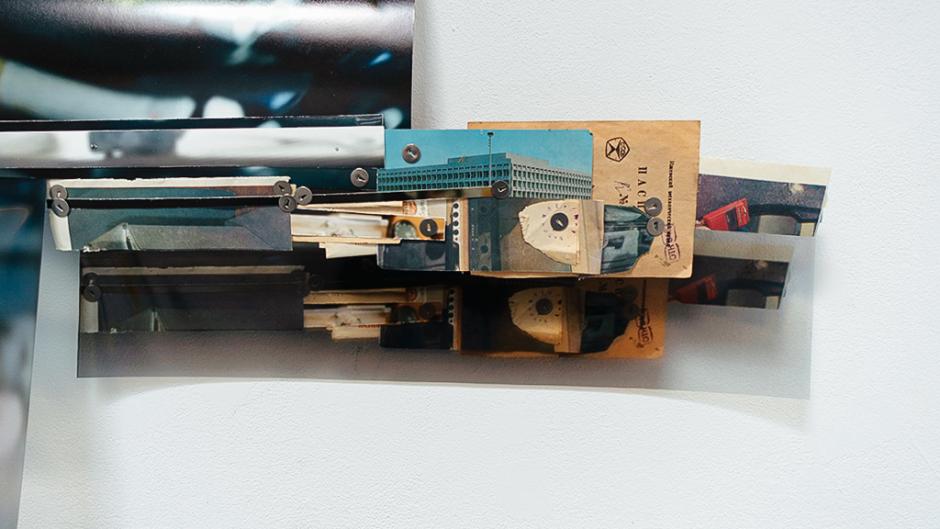 Artwork by Sasha Opeiko, detail of "Obraz, Obrez, Ostatok," 2020, Soviet-era objects and materials, inkjet prints on paper and clear film.