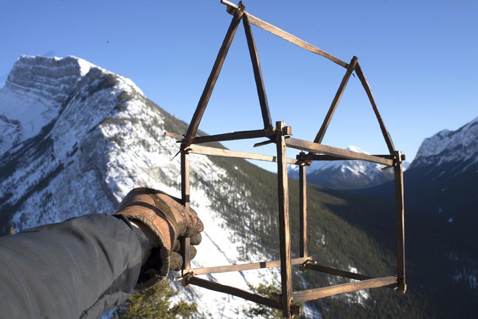 Maquette for carbon frame, by Jordan Schwab. Pictured in a winter mountain landscape.