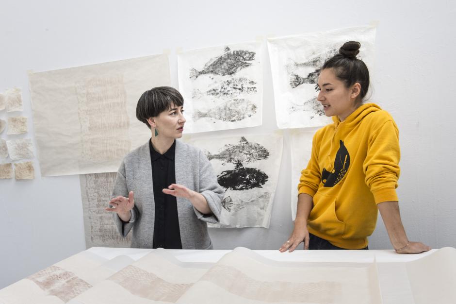 Banff International Curatorial Institute Fellowship Fall 2020 Curator Nicole Burisch in studio visit with Alexa Hatanaka during Craft as Contemporary Art program. Photo by: Don Lee.