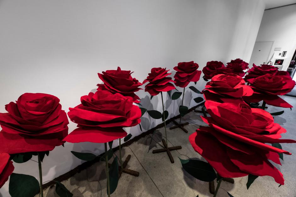Installation view: Rita McKeough, darkness is as deep as the darkness is (2020), courtesy the artist. Walter Phillips Gallery, Banff Centre for Arts and Creativity. Photo by: Donald Lee. Installation view of Rita McKeoughs exhibition with red roses