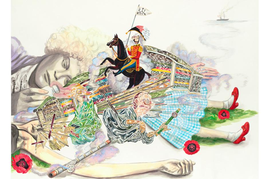 2022. The Steam Junk Treaties. Howie Tsui & Shary Boyle. Ink and gouache on paper. 76cm x 94cm