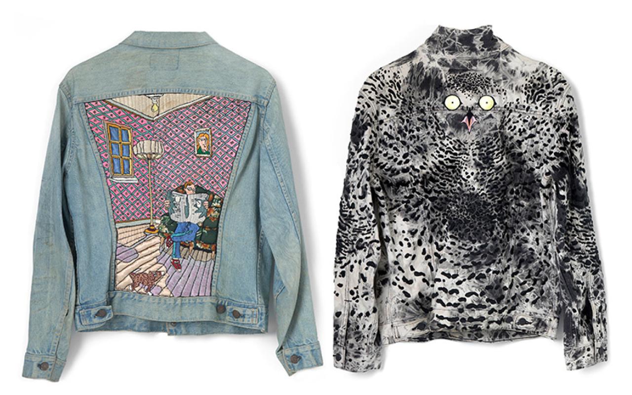 John de Haan & Jason de Haan, When the Last Earth-Tie is Sundered (My jacket and my Son’s / My Father’s jacket and mine), 1975 / 2025, embroidery, bleach, and silk on denim jackets.
