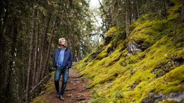 Artist Joel Ivany walking through a lush forest.