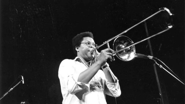 George Lewis pictured performing as part of a faculty concert for the Banff Jazz Workshop on July 25, 1986, in our Max Bell Auditorium.