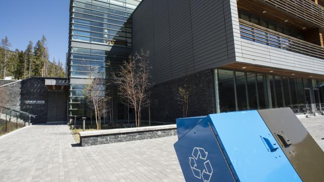 Garbage and recycling bins on campus