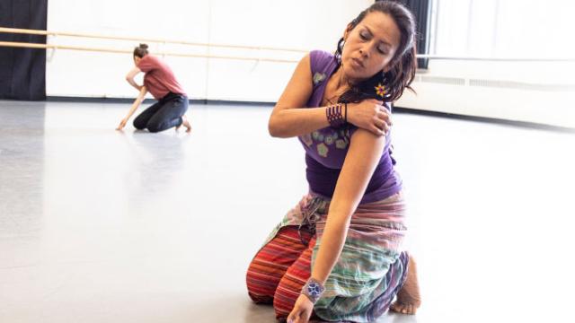 Asalia Arellano, dancer (right); and Kristy Janvier, dancer (left). Banff Centre Intercultural Indigenous Choreographers Creation Lab. Photo by Jessica Witmann.