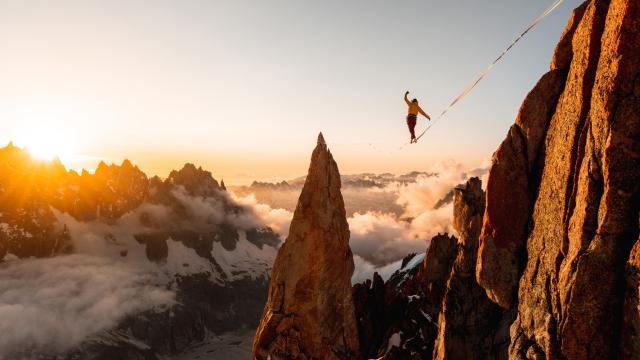 2023 Banff Centre Mountain Film and Book Festival, Signature Image, Hael Somma in Chamonix, photo by Antoine Mesnage, Highline, Slackline